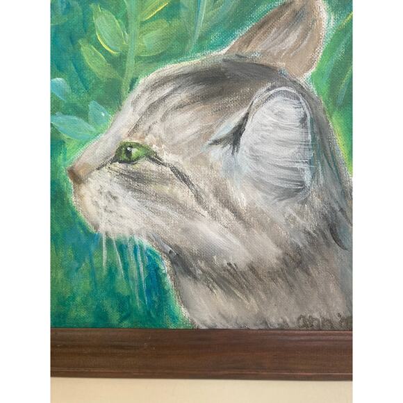 Vintage Hand Painted Original Grey Cat in Garden 11.5"x10" - Picture 2 of 5